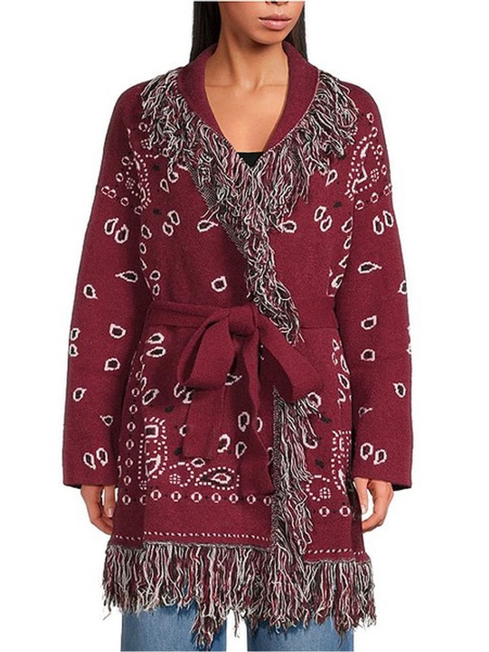 Women's Burgundy Fringe Belted Knit Sweater Cardigan